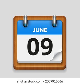 June 9 blue daily realistic calendar with wooden frame icon date vector image