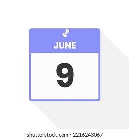 Icono del calendario 9 de junio. Ilustración vectorial de icono de calendario de fecha, mes