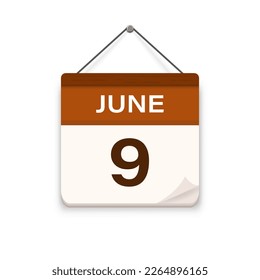 June 9, Calendar icon with shadow. Day, month. Meeting appointment time. Event schedule date. Flat vector illustration. 