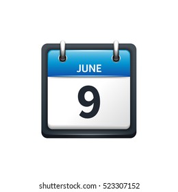 June 9. Calendar icon.Vector illustration,flat style.Month and date.Sunday,Monday,Tuesday,Wednesday,Thursday,Friday,Saturday.Week,weekend,red letter day. 2017,2018 year.Holidays.