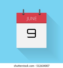 June 9, Daily calendar icon, Date and time, day, month, Holiday, Flat designed Vector Illustration