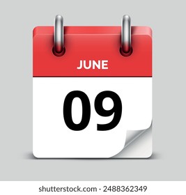 June 9 daily realistic red calendar icon date vector image