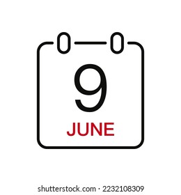 June 9 date on the calendar, vector line stroke icon for user interface. Calendar with date, vector illustration.