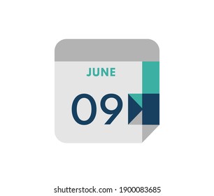 June 9 flat daily calendar date, 9 June Single Day Calendar  Icon