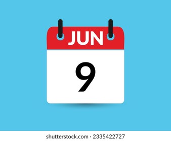 Juni 9. Flacher Icon-Kalender einzeln auf blauem Hintergrund. Datum und Monat, Vektorgrafik