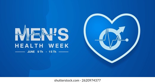 June 9th to 15th is National Mens Health Week. Heart, gender icon and human. Suitable for posters, banners, social media and more. Blue background.