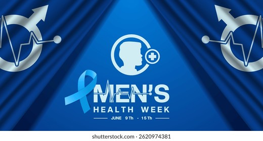 June 9th to 15th is National Mens Health Week. Flag, gender icon, human, ribbon and plus icon. Suitable for posters, banners, social media and more. Blue background.