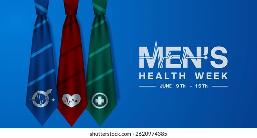 June 9th to 15th is National Mens Health Week. Tie, gender icon, heart and plus icon. Suitable for posters, banners, social media and more. Blue background.
