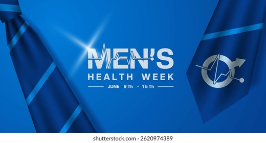 June 9th to 15th is National Mens Health Week. Tie, gender icon and light. Suitable for posters, banners, social media and more. Blue background.