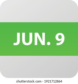 June 9th date icon, single day vector illustration modern flat style. Calendar element for web design, schedule, planner, organizer. 
