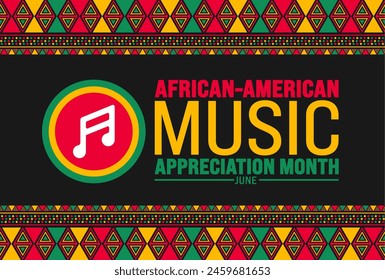 Junio es el Mes de la Apreciación de la Música Afroamericana o el mes de la música negra fondo de patrón de forma geométrica y Plantilla de iconos musicales. concepto de Festiva. se utiliza para el fondo, el Anuncio, el cartel, la tarjeta y el cartel