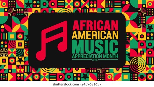 Junio es el Mes de la Apreciación de la Música Afroamericana o el mes de la música negra fondo de patrón de forma geométrica y Plantilla de iconos musicales. concepto de Festiva. se utiliza para el fondo, el Anuncio, el cartel, la tarjeta y el cartel