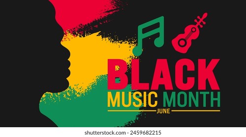 Junio es el Mes de la Apreciación de la Música Afroamericana o el mes de la música negra pincelada de fondo de pincelada y Plantilla de iconos musicales. concepto de Festiva. se utiliza para el fondo, el Anuncio, el cartel, la tarjeta y el cartel