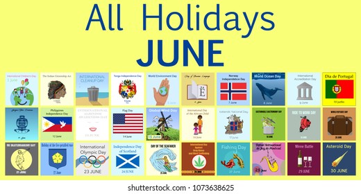 June. All Holidays greeting cards. Vector Template Pack. 