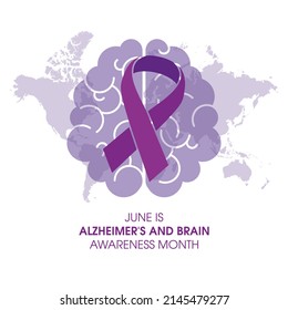 June is Alzheimer's and Brain Awareness Month vector. Human brain with purple awareness ribbon icon vector isolated on a white background