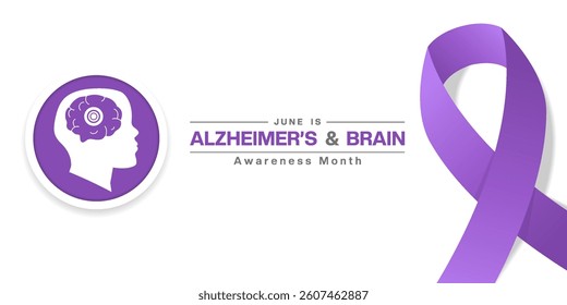 June is Alzheimers and Brain Awareness Month. Brain, human and ribbon. Great for posters, banners, social media and more. White background.