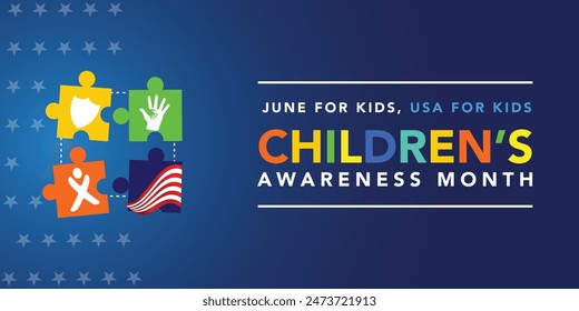 June is Children’s Awareness Month background template. Holiday concept. use to background, banner, placard, card, and poster design template with text inscription and standard color. vector

