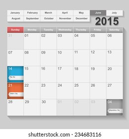 June Calendar 2015, week start at sunday with Holiday event