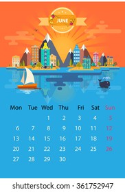 June.  Calendar for 2016 in A4 format. The first day of the week - Monday. Style flat design. Set 3. Landscape of a small town on the background of nature.. Stock. Illustration. Image. Vector.