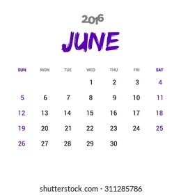 June Calendar 2016 Vector Design Template. Week Starts Sunday. vector illustration