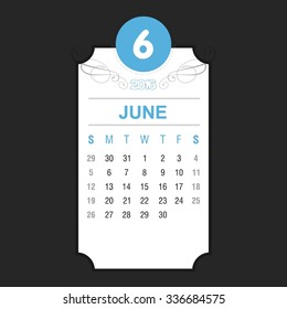 June Calendar 2016 Vector Design Template. Floral art Vintage card background. Week Starts Sunday. vector illustration