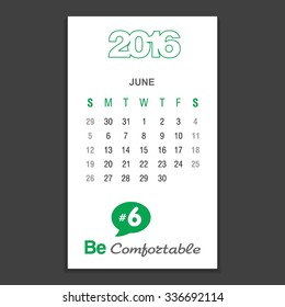 June Calendar 2016 Vector Design Template. Week Starts Sunday. vector illustration