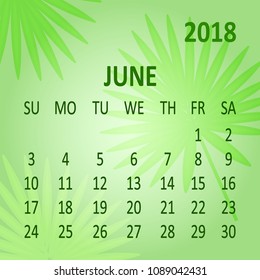 June. Calendar 2018, template. Week starts from Sunday. Vector illustration