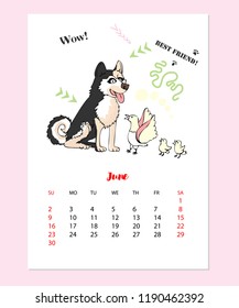 June  Calendar 2019 with  Funny Husky Dog Sketch. Hand drawn animals vector illustration