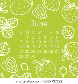 June calendar 2020. Vector English wall calender template. Fruits, berries. Strawberry. Hand drawn design. Doodle sketch. Sunday