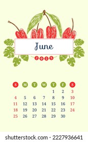 June calendar 2023. Cherry fruits. Week starts on Sunday