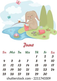 June. Calendar 2023. Cute rabbit on a fishing trip. The image of a rabbit who fell asleep with a fishing rod in his hand. A hare on a background of trees, flowers, strawberries and a pond. Vector