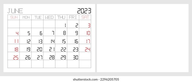 june calendar 2023 led digital dot metrix font. desktop calendar with blank back page. week start on sunday.