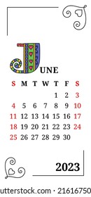 June Calendar 2023 Lettering Week Starts stockvector (rechtenvrij