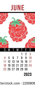 Junio. Calendario 2023. Fruta de frambuesa. La semana comienza el domingo. Plantilla en inglés