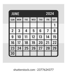 June Calendar, 2024 Calendar, Monthly Calendar, Vector Eps Cut Files