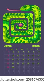 June calendar 2025. Bright colored snake, vector illustration.