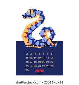 June calendar for 2025 with a snake in the colors of Future Dusk. New Year of the snake. Lunar New Year or Chinese New Year. blue curved snake on a dark. a character about the animals of the zodiac