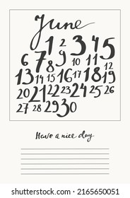 June calendar with calligraphy month name, uneven numbers. Black ink hand written template for planner, diary, organizer.