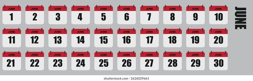 Junho Calendário Dias Conjunto de Mês Completo, Datas 1 a 30 Ilustração Vetorial