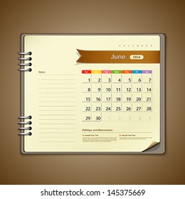 June Calendar diary note paper, vector illustration