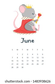June calendar flat vector illustration. Children planner for summer 2020. Basic grid design with mascot. Organizer template with text and numbers on white background. Cute mouse king with crown