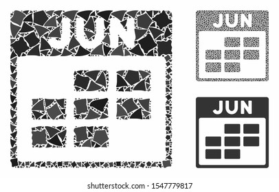 June calendar grid composition of raggy elements in variable sizes and shades, based on June calendar grid icon. Vector abrupt parts are composed into collage.