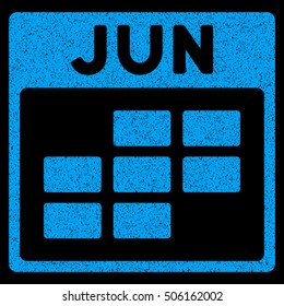 June Calendar Grid grainy textured icon for overlay watermark stamps. Flat symbol with scratched texture. Dotted vector blue ink rubber seal stamp with grunge design on a black background.