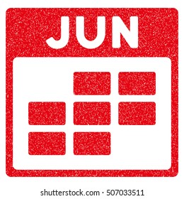 June Calendar Grid grainy textured icon for overlay watermark stamps. Flat symbol with unclean texture. Dotted vector red ink rubber seal stamp with grunge design on a white background.