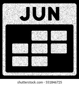 June Calendar Grid grainy textured icon for overlay watermark stamps. Flat symbol with dirty texture. Dotted vector white ink rubber seal stamp with grunge design on a black background.