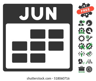 June Calendar Grid icon with bonus service pictograms. Vector illustration style is flat iconic symbols, green and gray, white background.