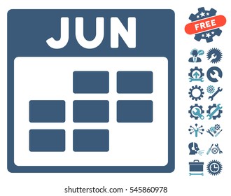 June Calendar Grid icon with bonus setup tools images. Vector illustration style is flat iconic symbols, cyan and blue, white background.