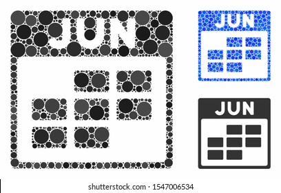 June calendar grid mosaic of round dots in various sizes and color tones, based on June calendar grid icon. Vector round elements are organized into blue mosaic.
