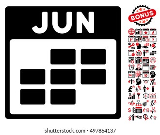 June Calendar Grid pictograph with bonus calendar and time management graphic icons. Vector illustration style is flat iconic symbols, intensive red and black, white background.