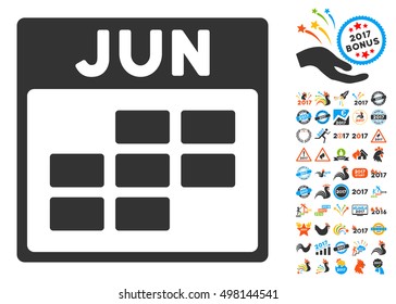 June Calendar Grid pictograph with bonus calendar and time management pictogram set. Vector illustration style is flat iconic symbols, blue and gray colors, white background.